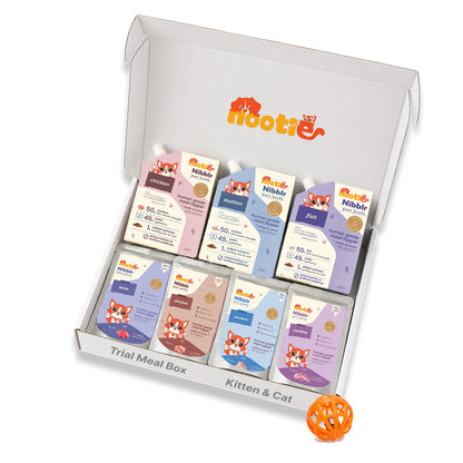 Nibblr Purr Gravies, Broths and a Toy Trial Combo Meal Box for Cats (Assorted Pack of 7) | Human-Grade Hydration & Meal Topper Variety Pack - nootie.in