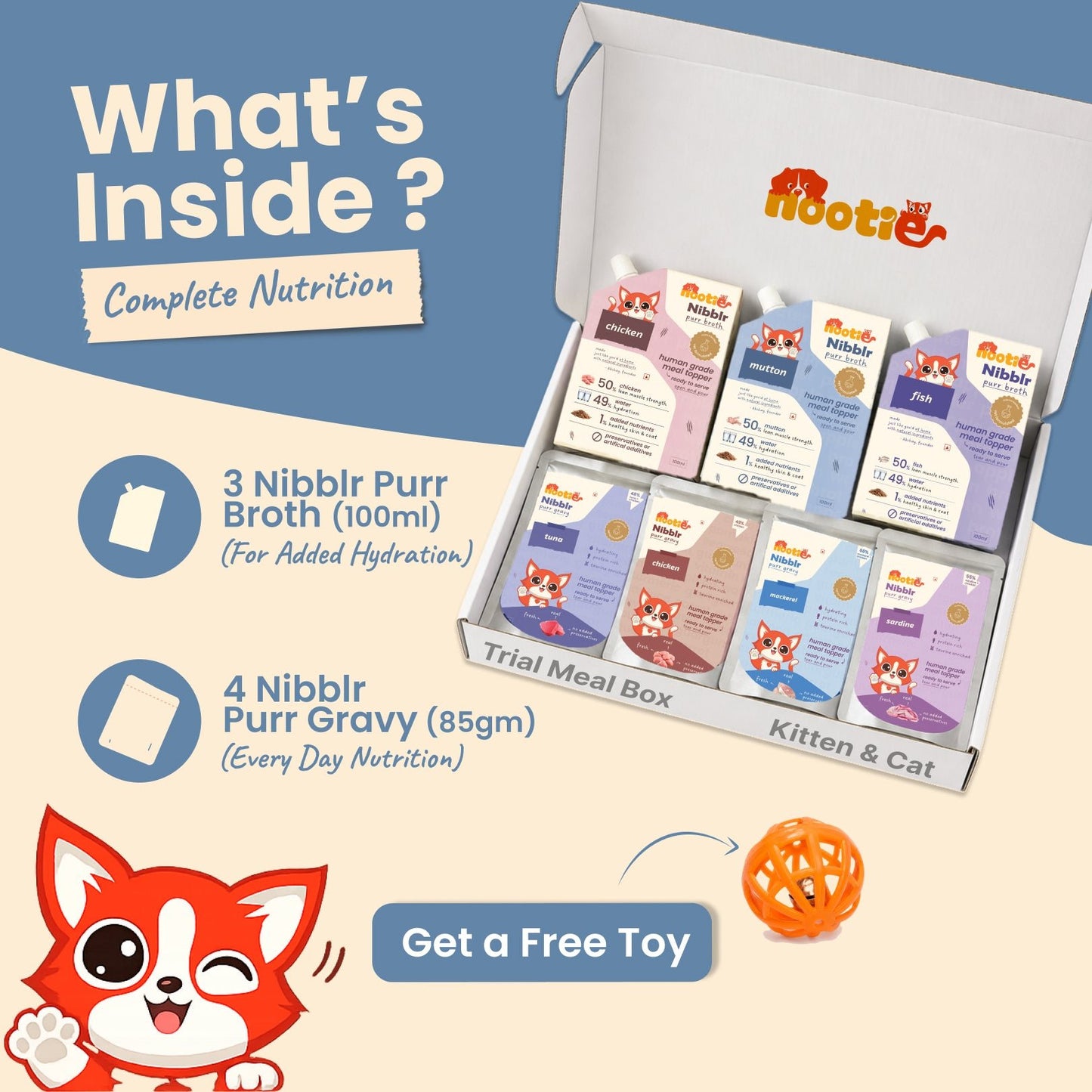 Nibblr Purr Gravies, Broths and a Toy Trial Combo Meal Box for Cats (Assorted Pack of 7) | Human-Grade Hydration & Meal Topper Variety Pack - nootie.in