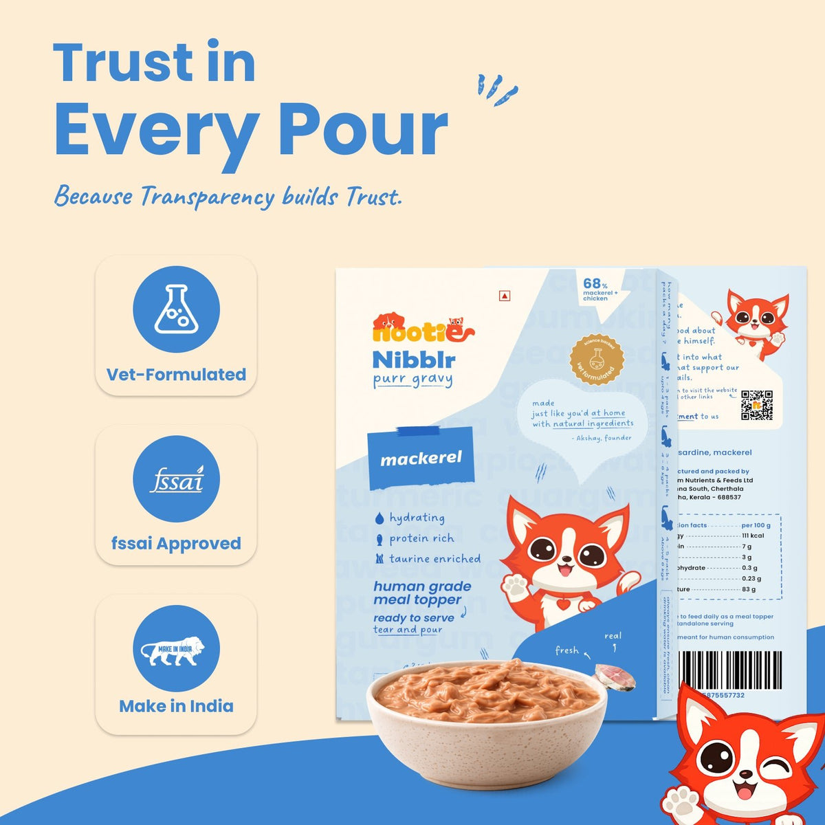 Nibblr Purr Gravy for Cats (170g) | Mackerel - Taurine-Enriched, High-Protein Meal Topper for Cat - nootie.in