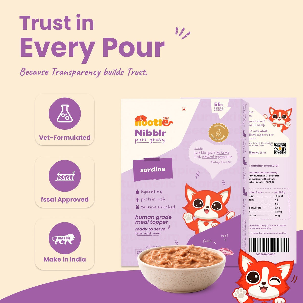 Nibblr Purr Gravy for Cats (170g) | Sardine - Taurine-Enriched, High-Protein Meal Topper for Cat - nootie.in