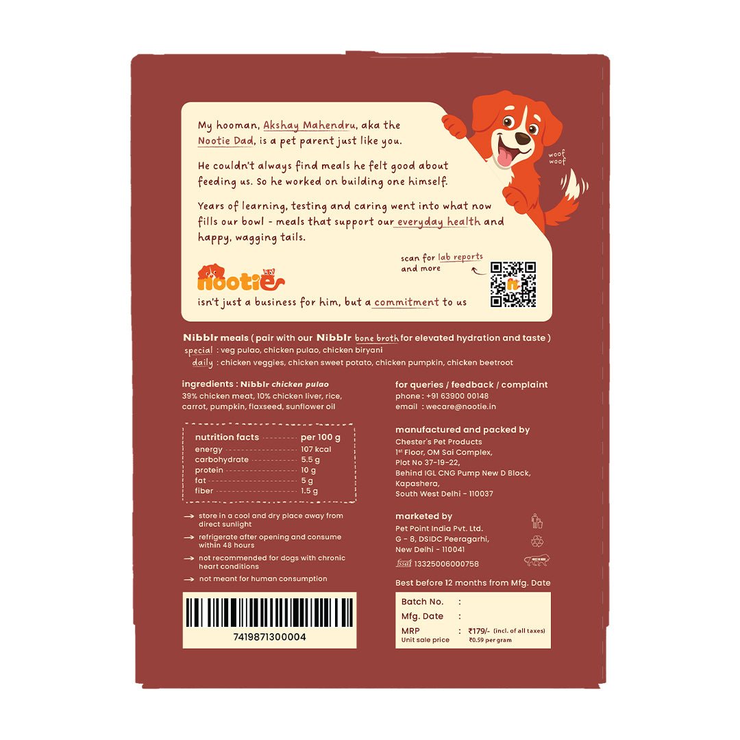 Nibblr Special Chicken Pulao Dogs Meal (300 g) - Fresh Wholesome Dog Meal - nootie.in