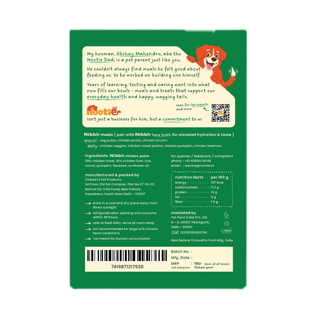 Nibblr Veg Pulao (100g) - 100% Veg Fresh Wholesome Dog Meal - nootie.in