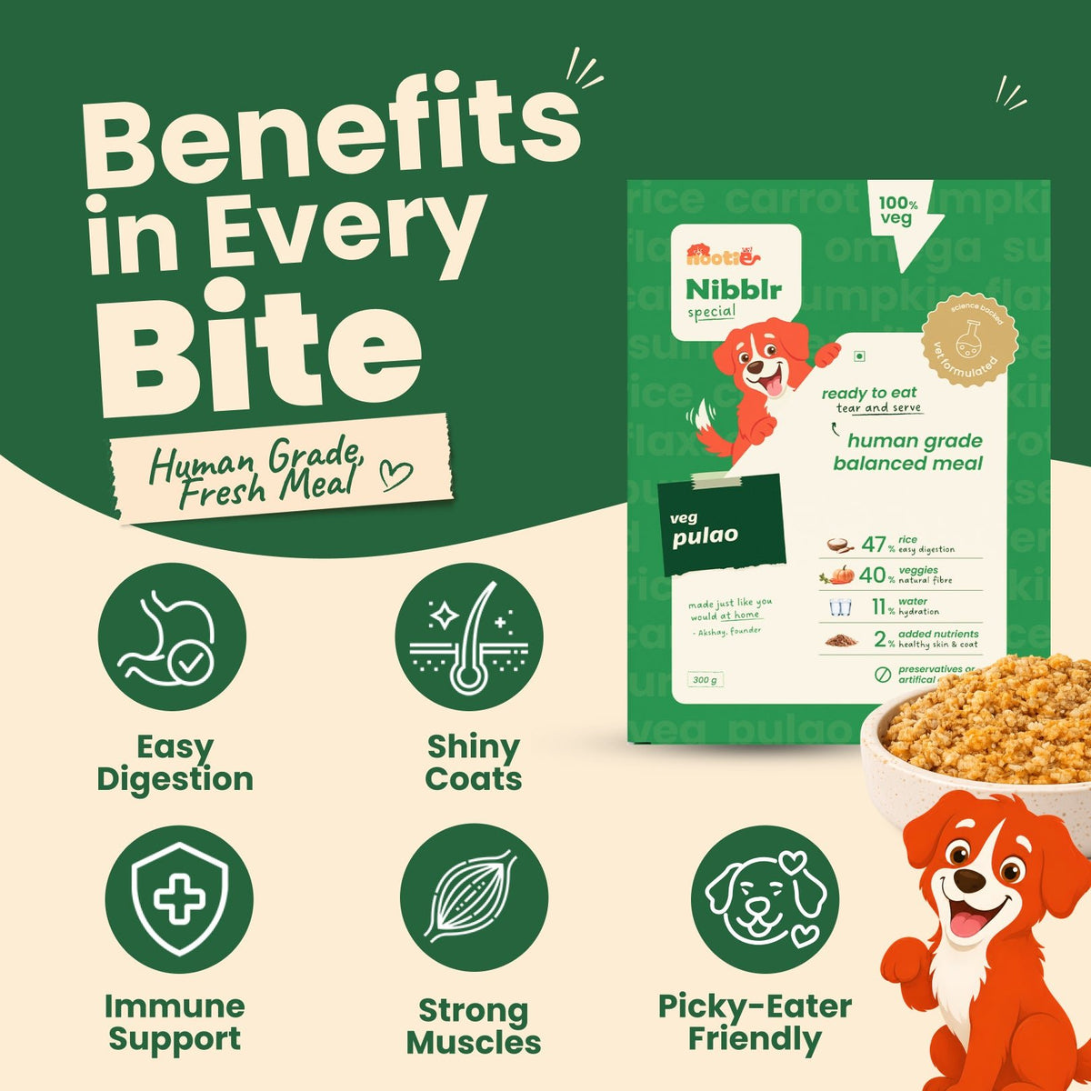 Nibblr Veg Pulao (300g) - 100% Veg Fresh Wholesome Dog Meal - nootie.in