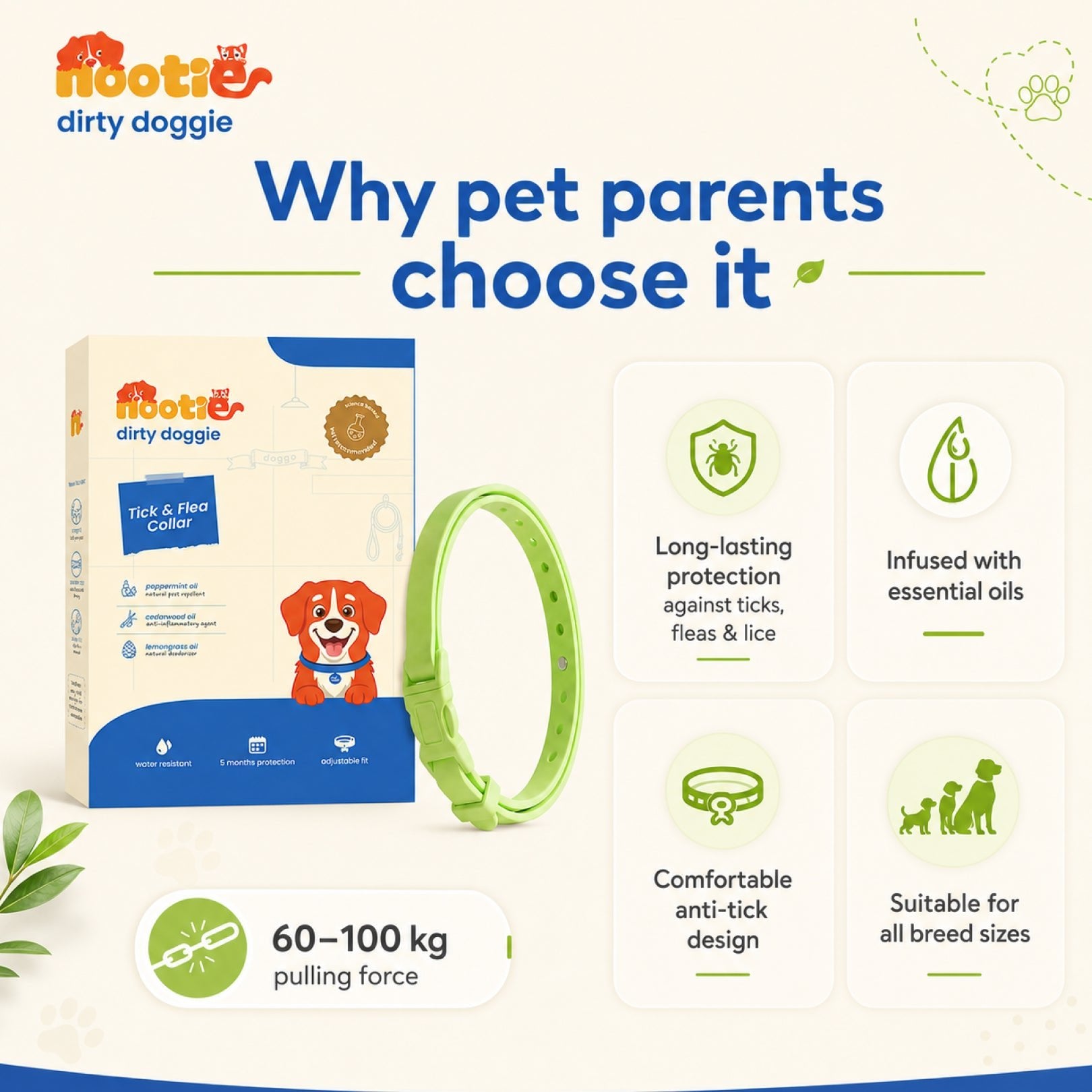 Nootie All Natural Tick & Flea Collar for Dogs & Cats | 5 Months Protection | Waterproof, Adjustable & Chemical-Free Pest Defence - nootie.in