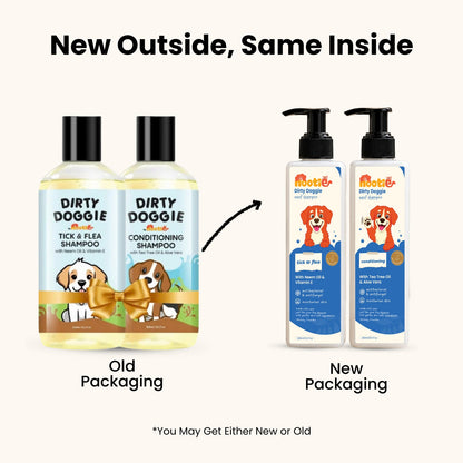 Nootie Dirty Doggie Combo: Conditioning Shampoo + Tick & Flea Shampoo (200 ml Buy1Get1 FREE) | Neem, Vitamin E & Coat Repair - nootie.in