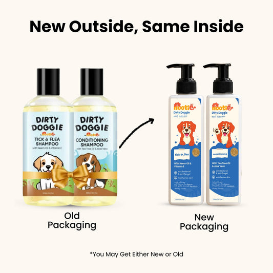 Nootie Dirty Doggie Combo: Conditioning Shampoo + Tick & Flea Shampoo (200 ml Buy1Get1 FREE) | Neem, Vitamin E & Coat Repair - nootie.in