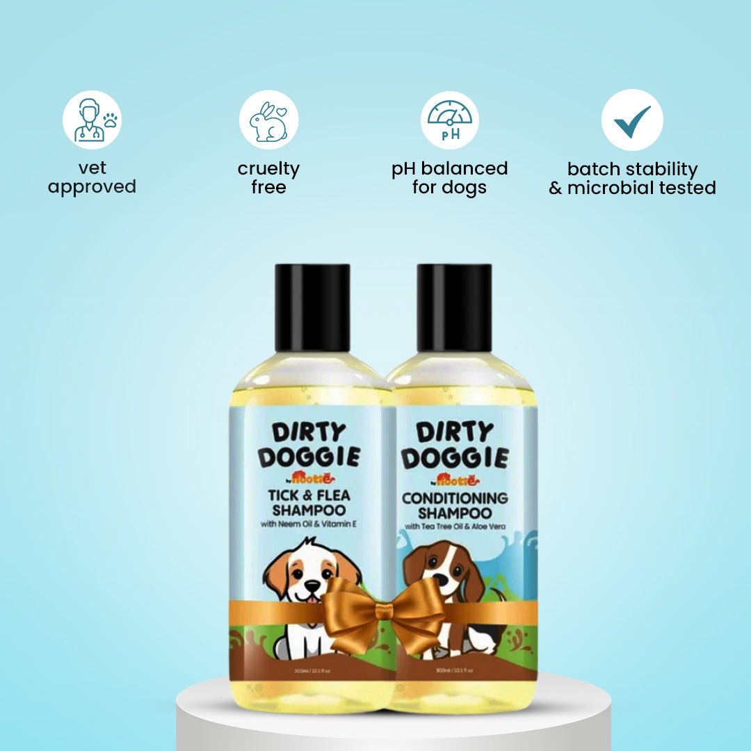 Nootie Dirty Doggie Combo: Conditioning Shampoo + Tick & Flea Shampoo (300 ml Buy1Get1 FREE) | Neem, Vitamin E & Coat Repair - nootie.in