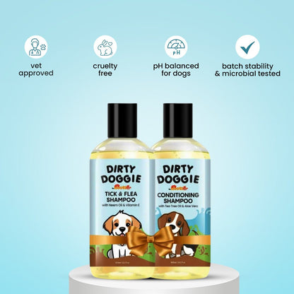 Nootie Dirty Doggie Combo: Conditioning Shampoo + Tick & Flea Shampoo (300 ml Buy1Get1 FREE) | Neem, Vitamin E & Coat Repair - nootie.in