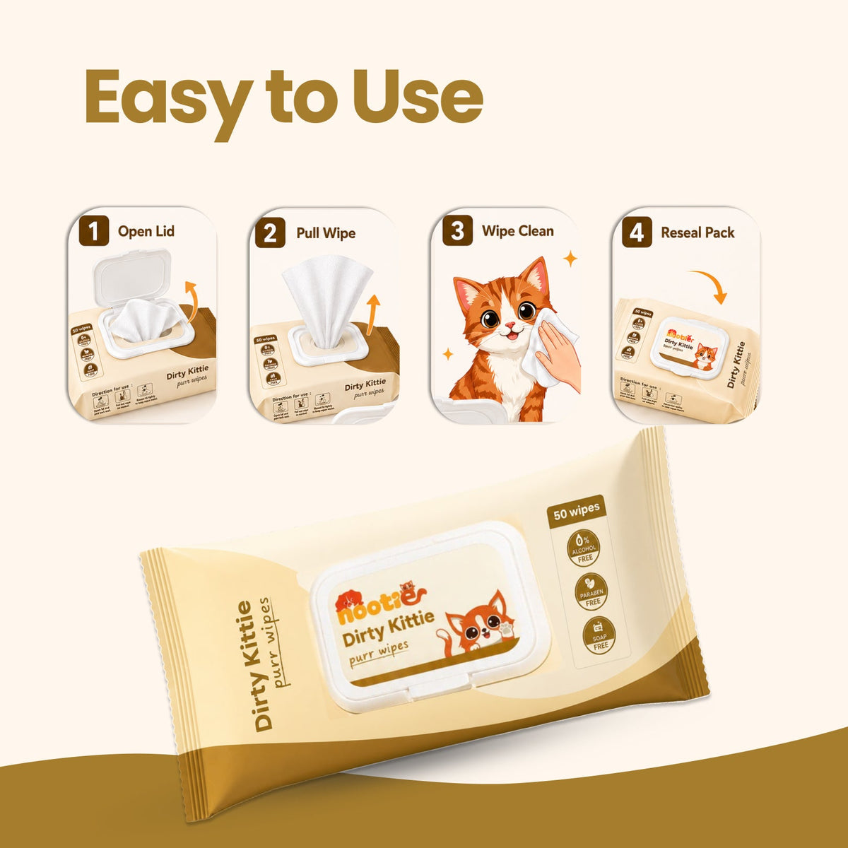 Nootie Dirty Kittie Purr Wipes (50 Wipes) | Alcohol-Free Cat Grooming & Deodorizing Wipes with Aloe & Neem - nootie.in
