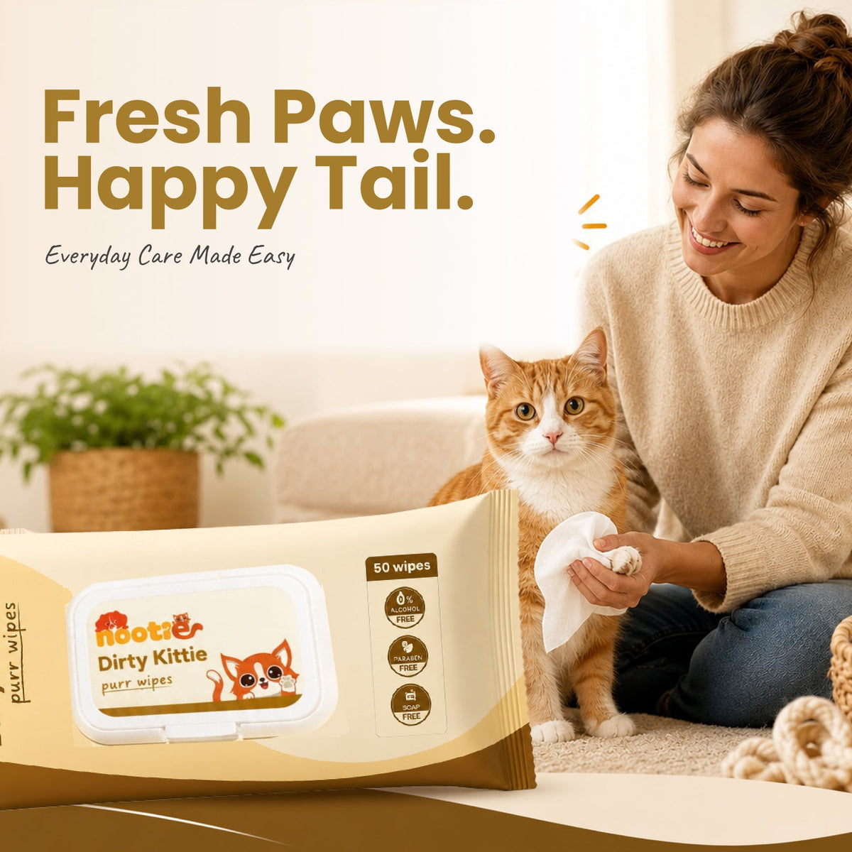 Nootie Dirty Kittie Purr Wipes (50 Wipes) | Alcohol-Free Cat Grooming & Deodorizing Wipes with Aloe & Neem - nootie.in