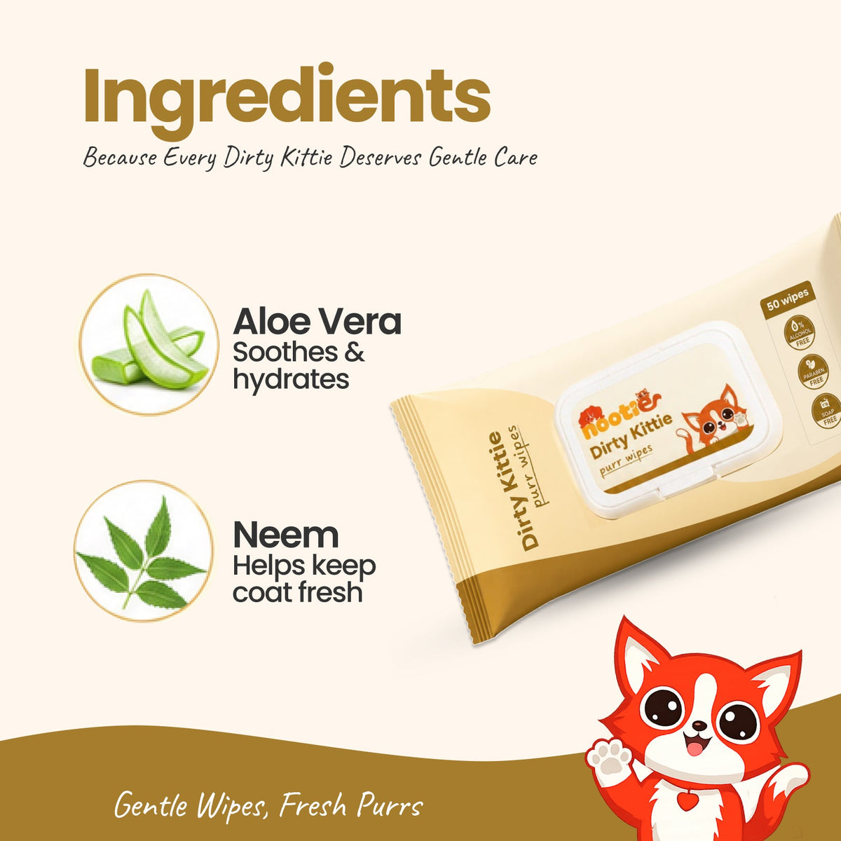 Nootie Dirty Kittie Purr Wipes (50 Wipes) | Alcohol-Free Cat Grooming & Deodorizing Wipes with Aloe & Neem - nootie.in