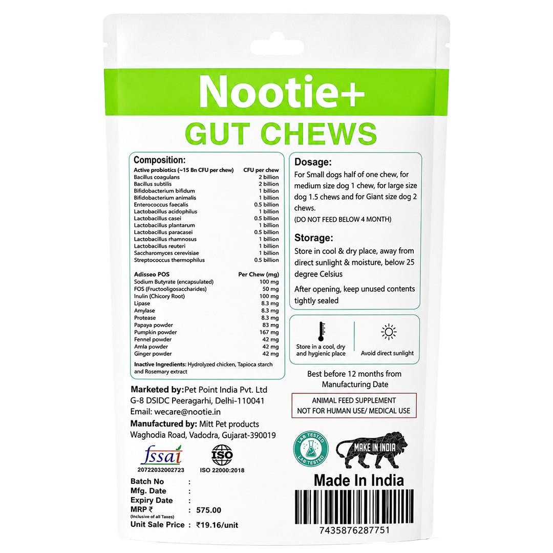 Nootie+ Health Chews for Dogs (30 chews) | Probiotics for Gut Health - Digestive Support, Firmer Stools & Yeast Balance - nootie.in