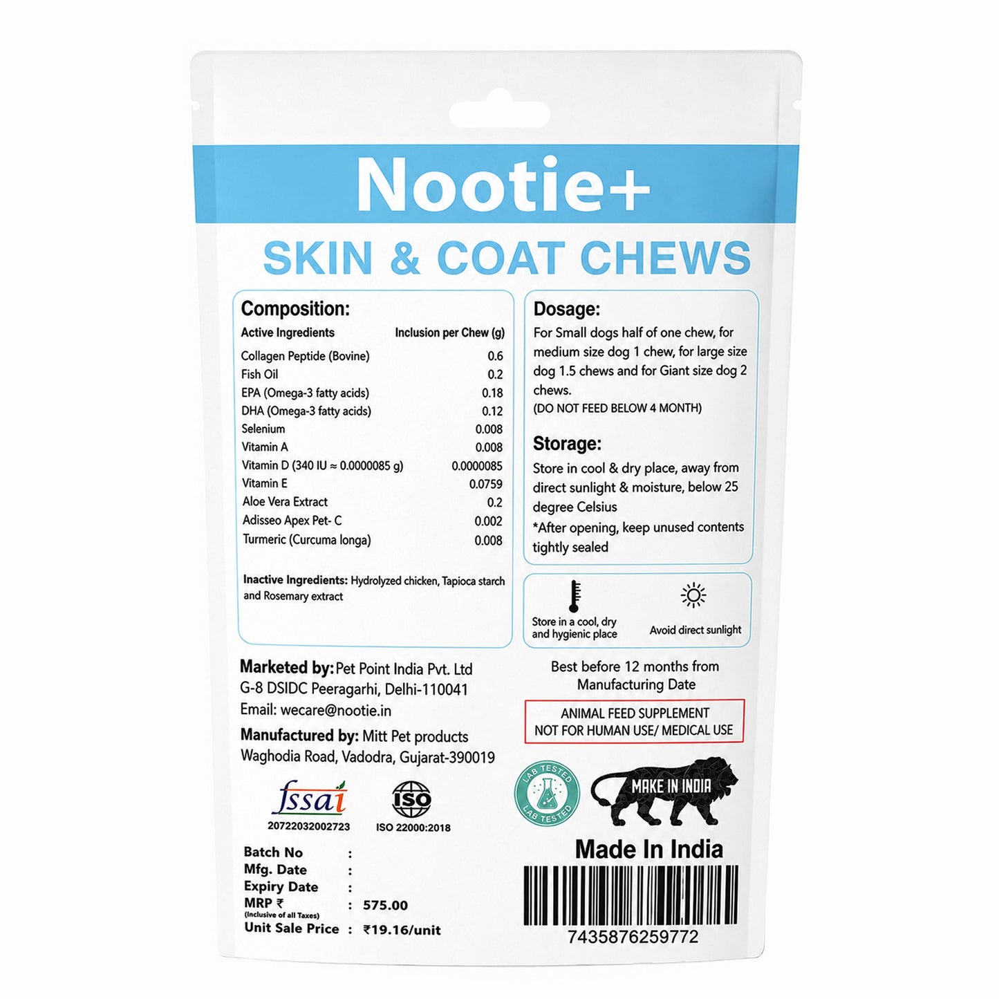 Nootie+ Health Chews for Dogs (30 chews) | Skin and Coat - Hydrates Skin, Reduces Itching & Shedding - nootie.in