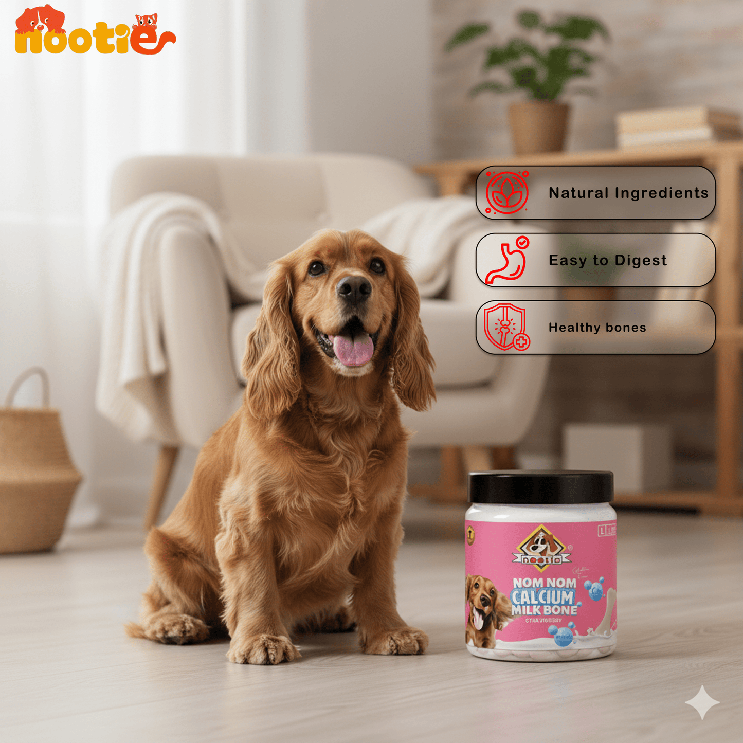 Nootie Nom Nom Calcium Milk Bone Stawberry Flavour Large Size - 220 Gm - nootie.in