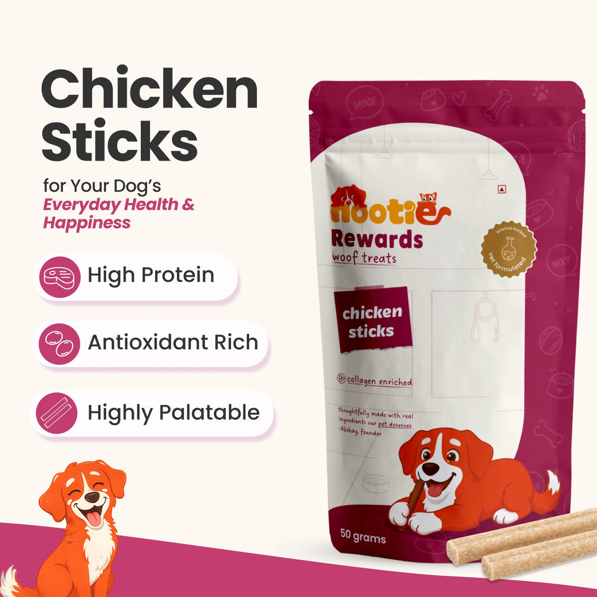 Rewards Chewy Sticks for Dogs (50g) | Chicken | Real Chicken, Collagen-Enriched & High-Protein Chewy Snack - nootie.in
