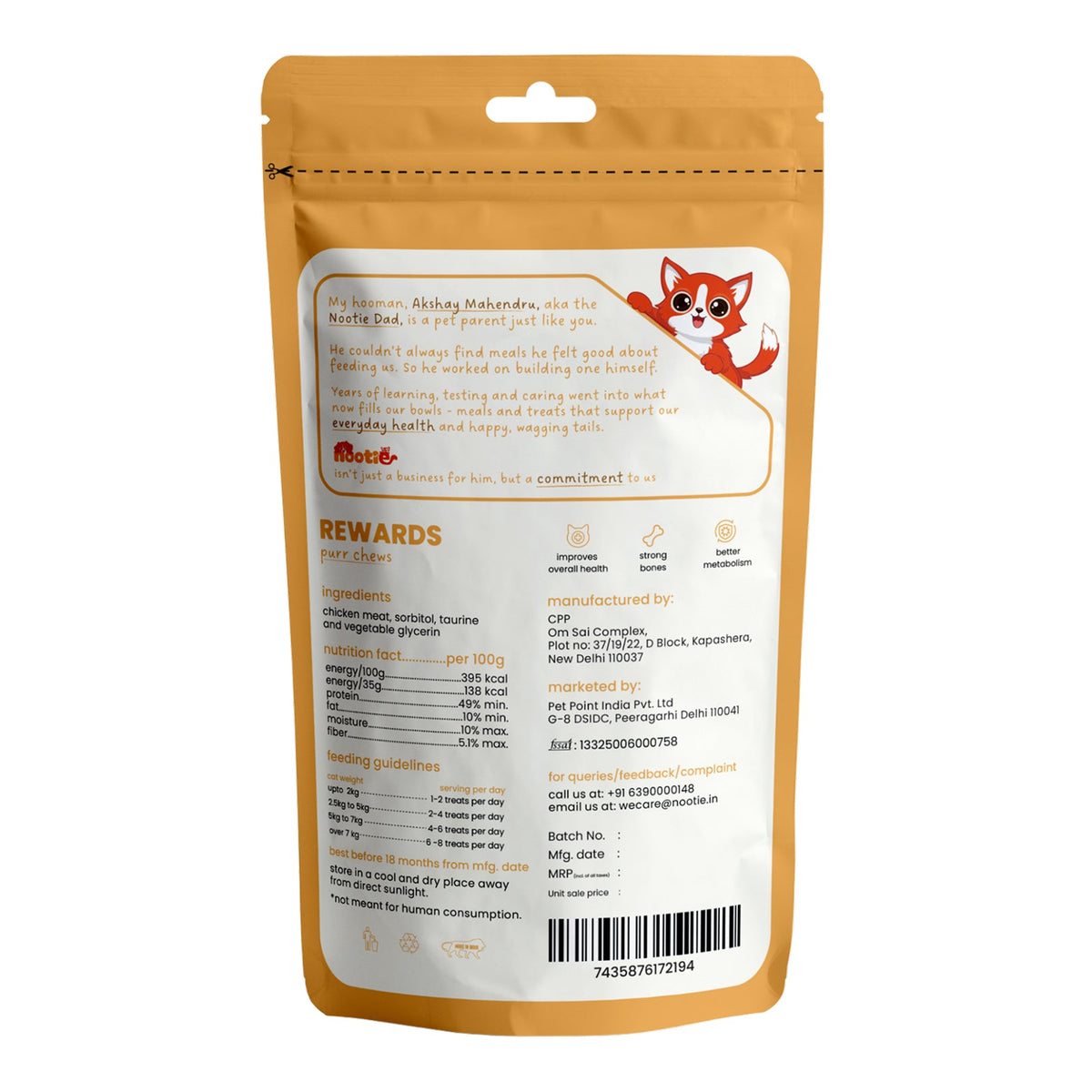Rewards Purr Chews for Cats (35g) | Chicken Shreds - High-Protein & Taurine-Rich Natural Snacks for Heart Health - nootie.in