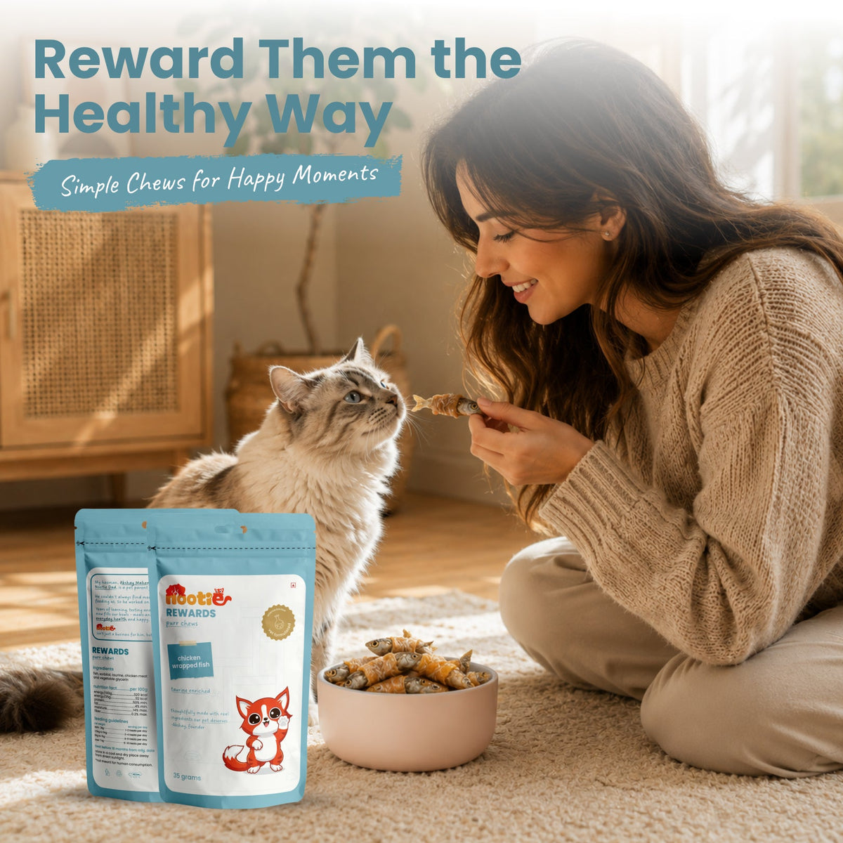Rewards Purr Chews for Cats (35g) | Chicken Wrapped Fish - High-Protein & Taurine-Rich Natural Snacks for Heart Health - nootie.in