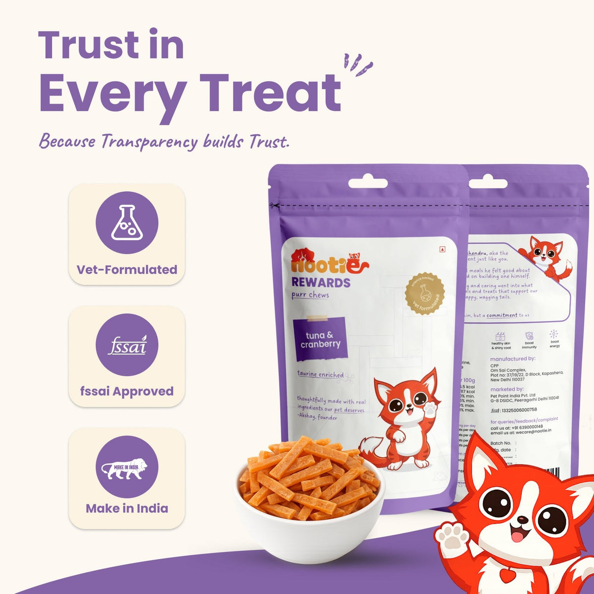 Rewards Purr Chews for Cats (35g) | Tuna & Cranberry - Omega-3 Rich Natural Snacks for Urinary Health - nootie.in