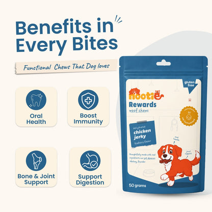Rewards Woof Chews Crunchy for Dogs (50g) | Dehydrated Chicken Jerky and Blueberry - nootie.in