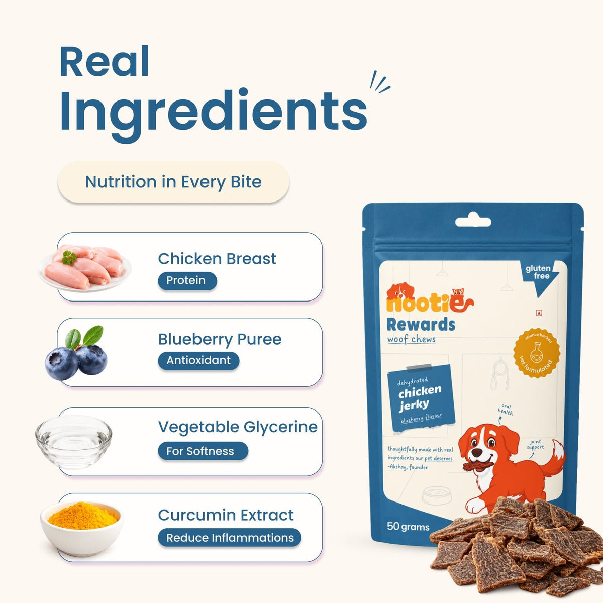 Rewards Woof Chews Crunchy for Dogs (50g) | Dehydrated Chicken Jerky and Blueberry - nootie.in