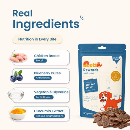 Rewards Woof Chews Crunchy for Dogs (50g) | Dehydrated Chicken Jerky and Blueberry - nootie.in