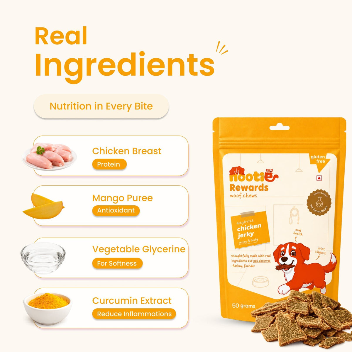 Rewards Woof Chews Crunchy for Dogs (50g) | Dehydrated Chicken Jerky and Mango - nootie.in