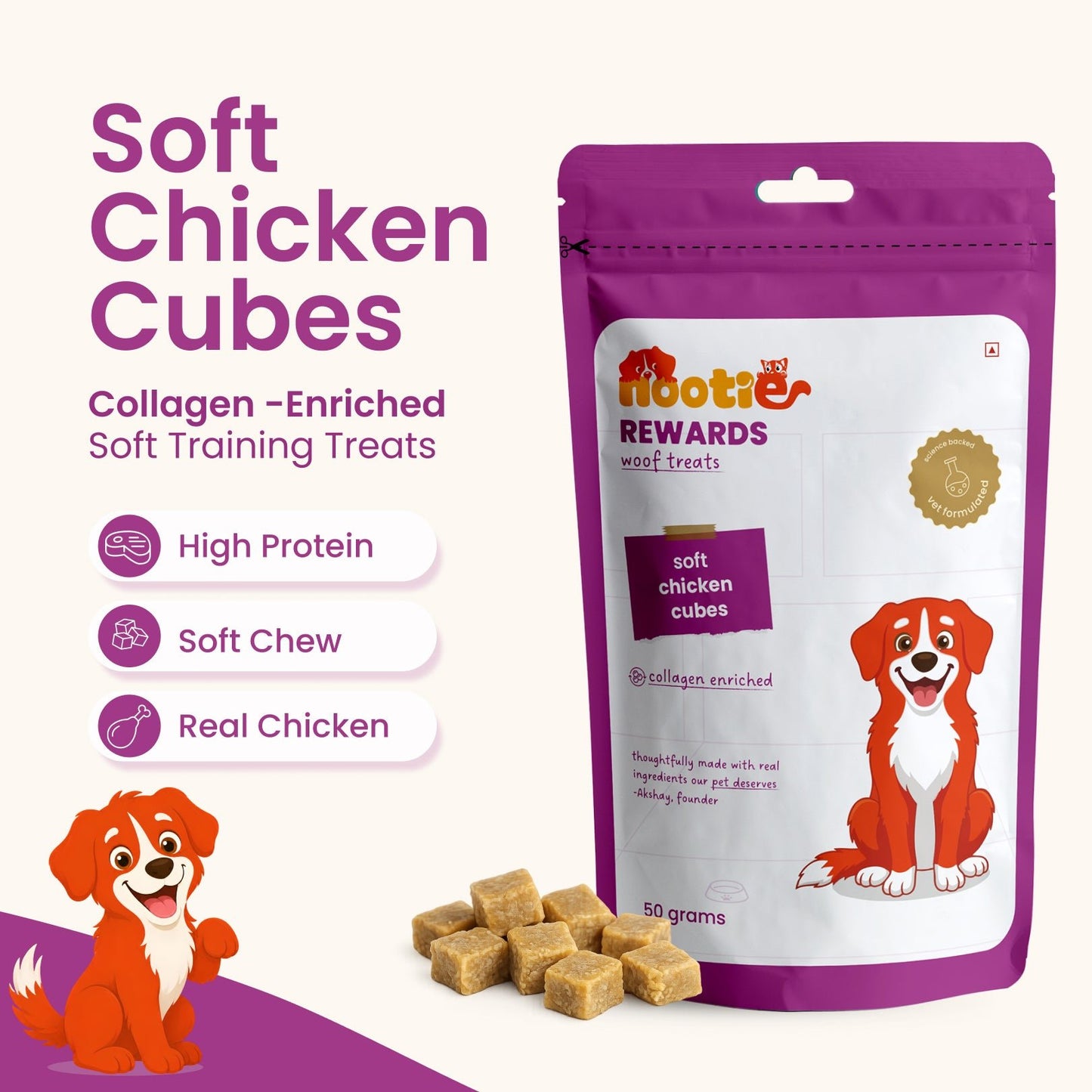 Rewards Woof Treats for Dogs (50g) | Soft Chicken Cubes - nootie.in